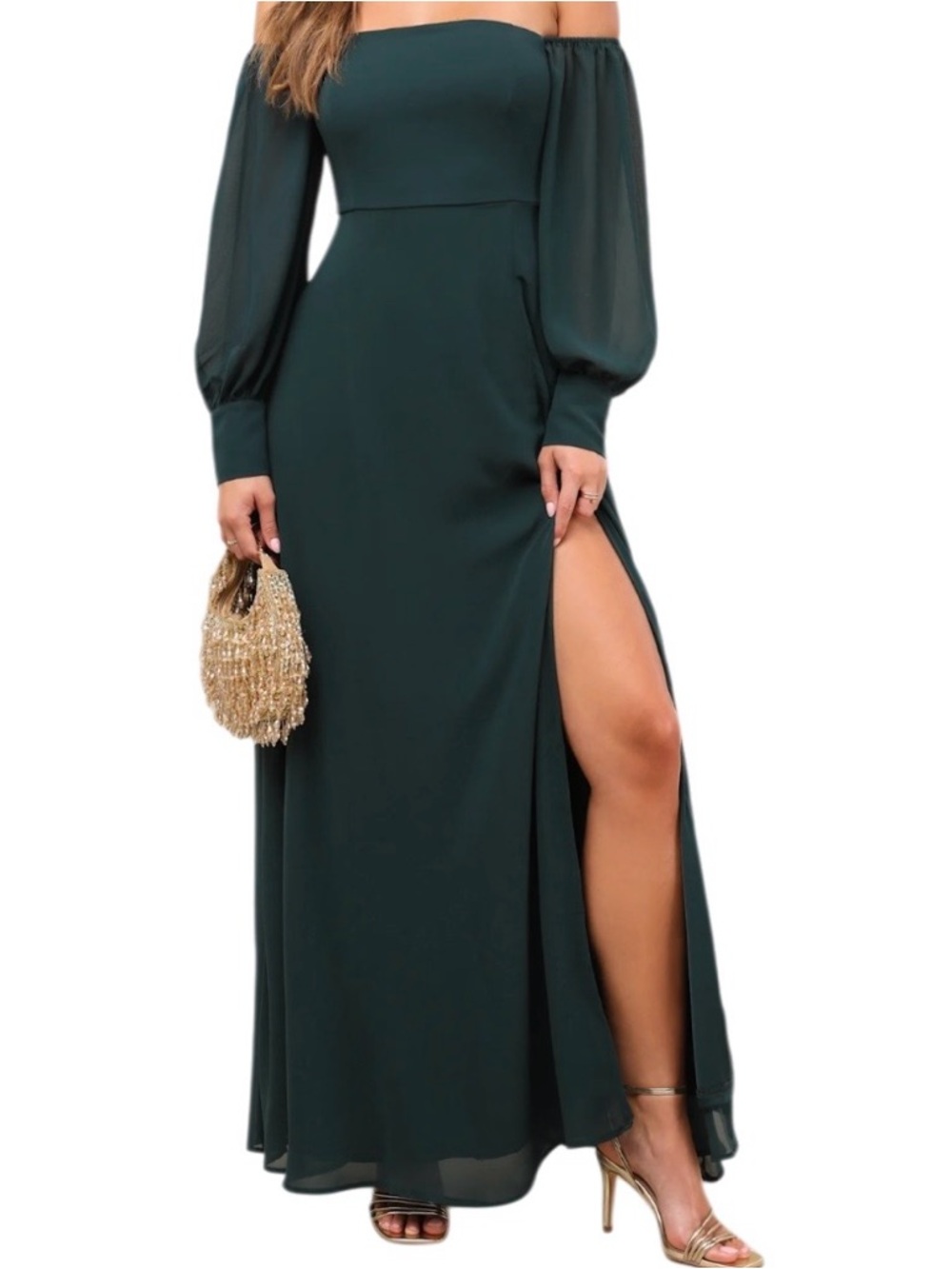Lulu’s NWT Emerald Green Off-the-Shoulder Maxi Dress
